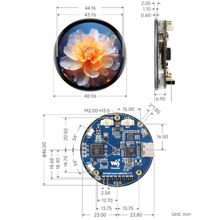 WAVESHARE RP2350 1.75-Inch AMOLED Screen Development Board, Without Case, With Case, With GPS