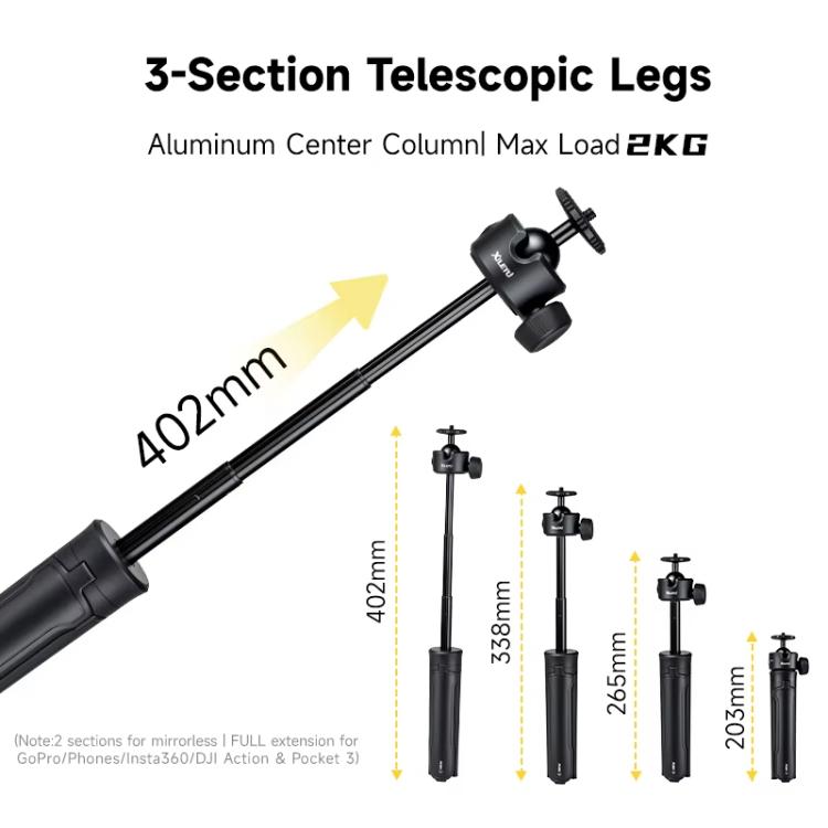 XILETU XS-21 Touch Ground Auto-Open Tripod Selfie Stick Extendable Pole With Universal Metal Ball Head 200-402mm