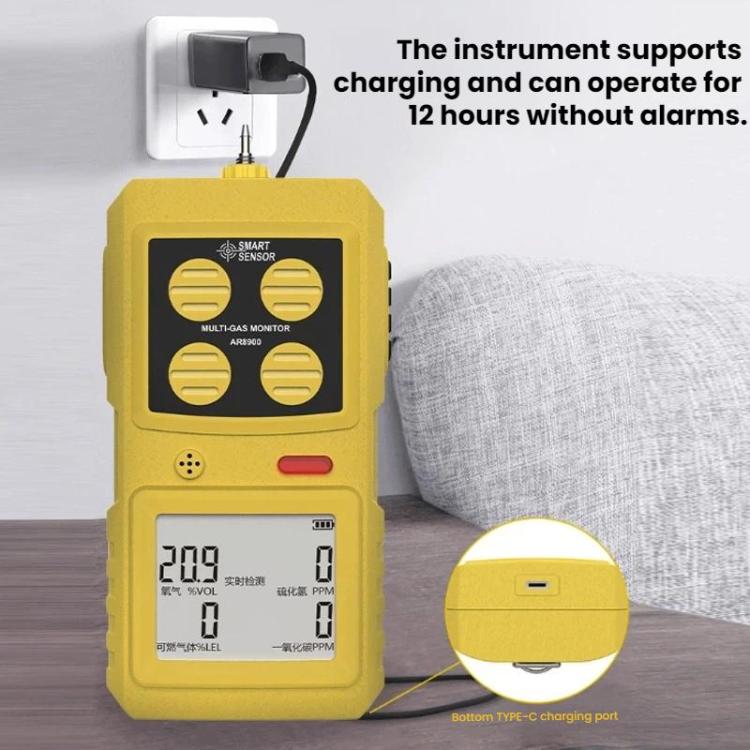 SMART SENSOR 4 In 1 Oxygen/Hydrogen Sulfide/Carbon Monoxide Gas Detector, AR8900