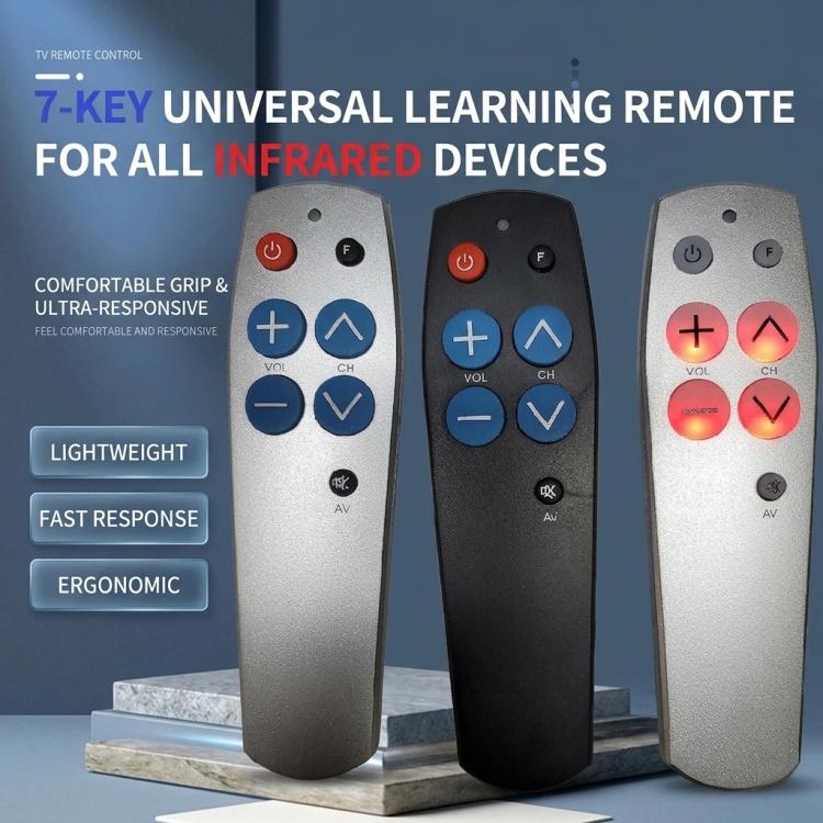 7-Key Universal Learning Remote Control For Seniors Large Buttons Easy To Use IR Remote For TV/STB/DVD/DVB/HiFi, Silver, Black, Backlit Edition