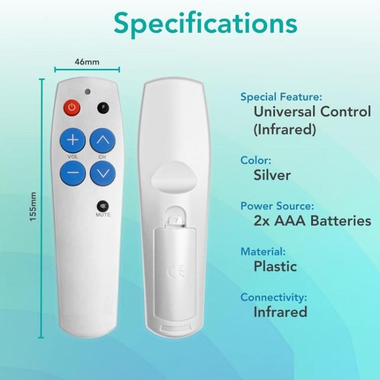 7-Key Universal Learning Remote Control For Seniors Large Buttons Easy To Use IR Remote For TV/STB/DVD/DVB/HiFi, Silver, Black, Backlit Edition