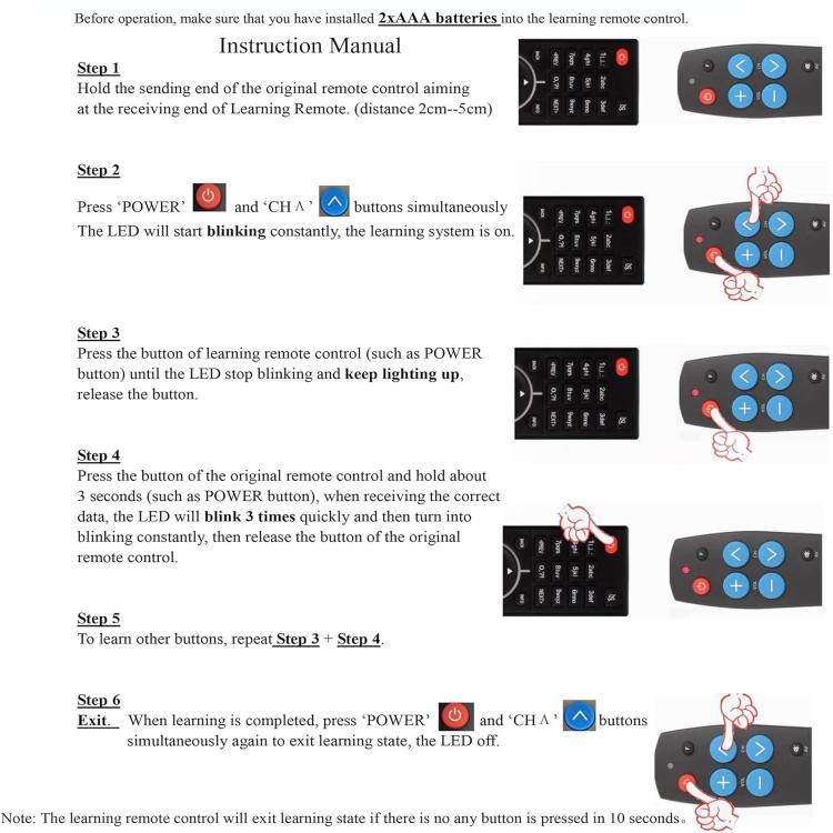7-Key Universal Learning Remote Control For Seniors Large Buttons Easy To Use IR Remote For TV/STB/DVD/DVB/HiFi, Silver, Black, Backlit Edition