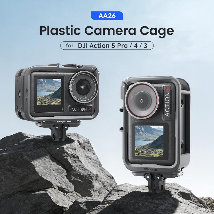 aMagisn PC Material Camera Cage for DJI Action 5 Pro / 4 / 3 with Quick Release Vertical/Horizontal Shoot Support, Cold Shoe Mount & 1/4-inch Thread, Action 5 Pro /4/3 PC Cage