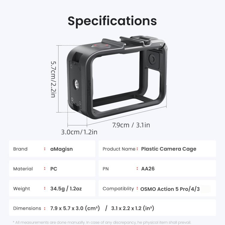 aMagisn PC Material Camera Cage for DJI Action 5 Pro / 4 / 3 with Quick Release Vertical/Horizontal Shoot Support, Cold Shoe Mount & 1/4-inch Thread, Action 5 Pro /4/3 PC Cage