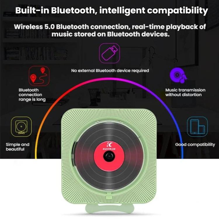 KUSTRON Home Wall-Mounted CD Player Bluetooth Speaker Music Player With Cover, White, Black, Green, Pink, Purple