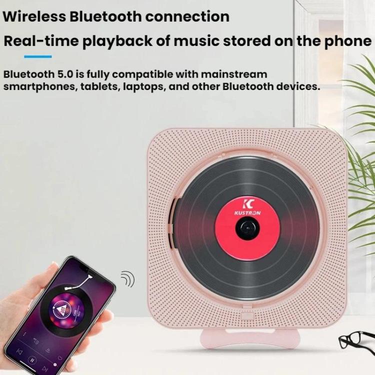KUSTRON Home Wall-Mounted CD Player Bluetooth Speaker Music Player With Cover, White, Black, Green, Pink, Purple