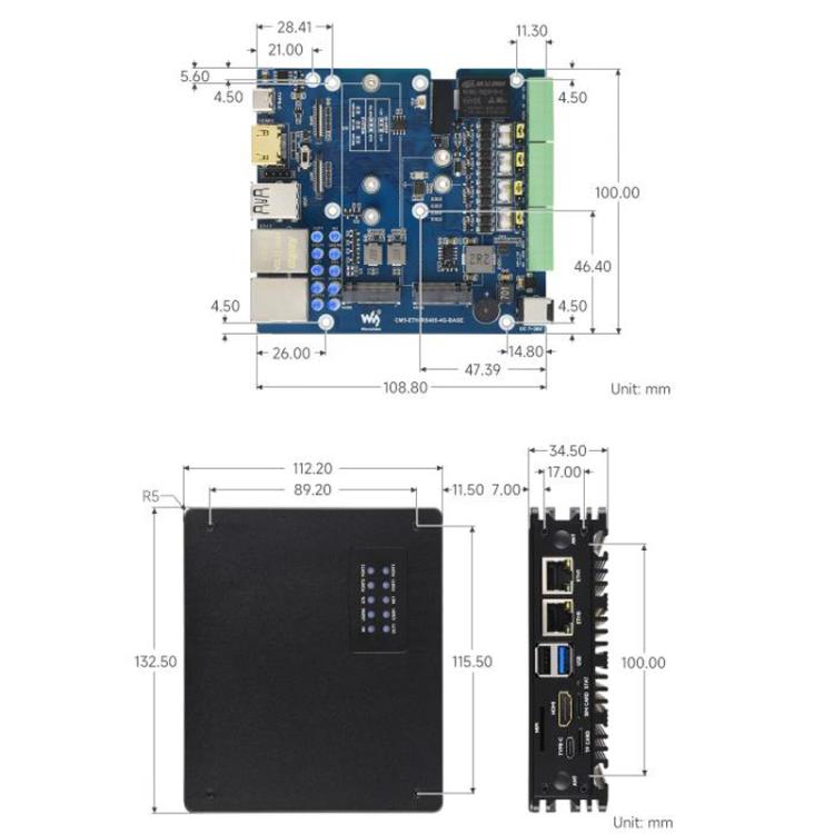 Waveshare 34252 CM5 Gigabit/2.5G Dual Ethernet Multi-Function Expansion Board Supports RS485 Industrial Communication, 4G / 5G Module And 4K Display Output, EU Plug, UK Plug, US Plug