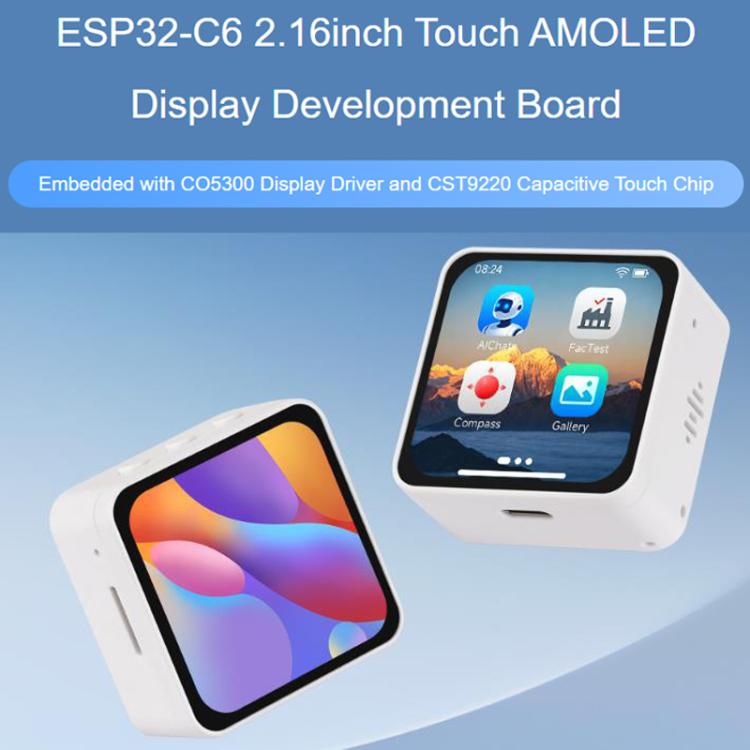 Waveshare 34201 ESP32-C6 2.16 Inch AMOLED Display Touch Screen Development Board Supports Dual Microphones, Wi-Fi 6 And BLE 5, 34201