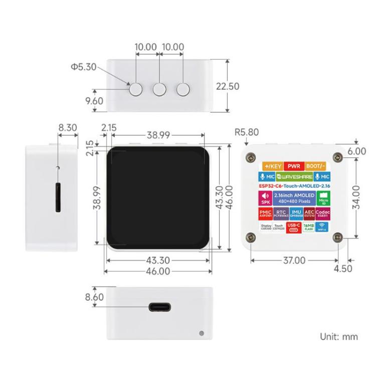 Waveshare 34201 ESP32-C6 2.16 Inch AMOLED Display Touch Screen Development Board Supports Dual Microphones, Wi-Fi 6 And BLE 5, 34201