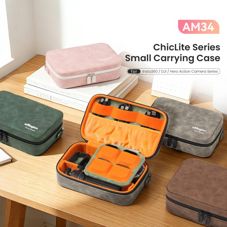 aMagisn Nubuck Leather Action Camera Carrying Case Small Travel Storage Bag with Adjustable Dividers