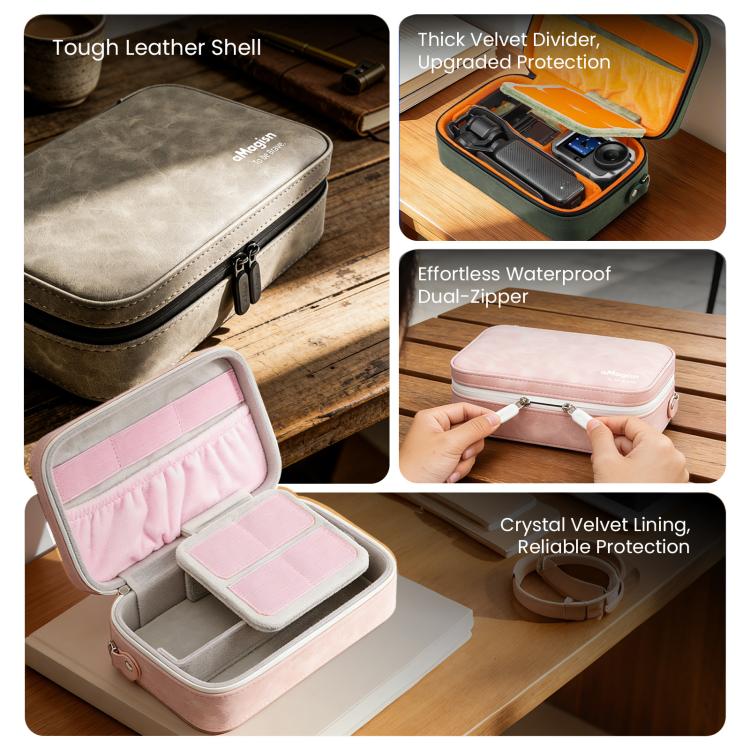 aMagisn Nubuck Leather Action Camera Carrying Case Small Travel Storage Bag with Adjustable Dividers