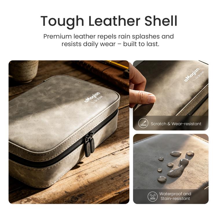 aMagisn Nubuck Leather Action Camera Carrying Case Small Travel Storage Bag with Adjustable Dividers