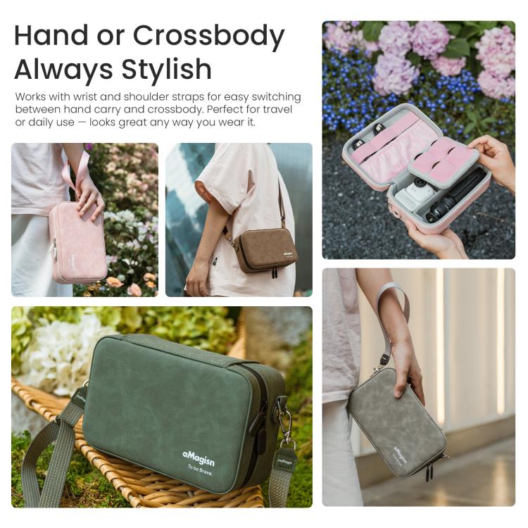 aMagisn Nubuck Leather Action Camera Carrying Case Small Travel Storage Bag with Adjustable Dividers