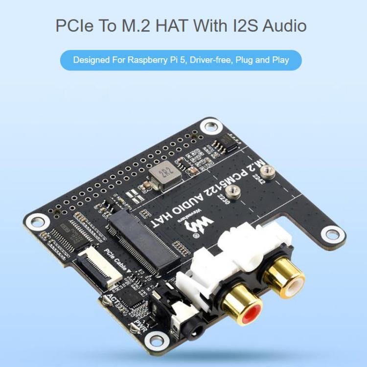 For Raspberry Pi 5 PCIe To M.2 HAT With I2S Audio Extension Supports NVMe Protocol Solid State Drive, Waveshare 34170