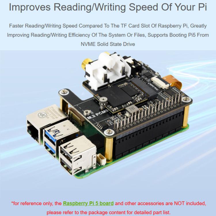 For Raspberry Pi 5 PCIe To M.2 HAT With I2S Audio Extension Supports NVMe Protocol Solid State Drive, Waveshare 34170