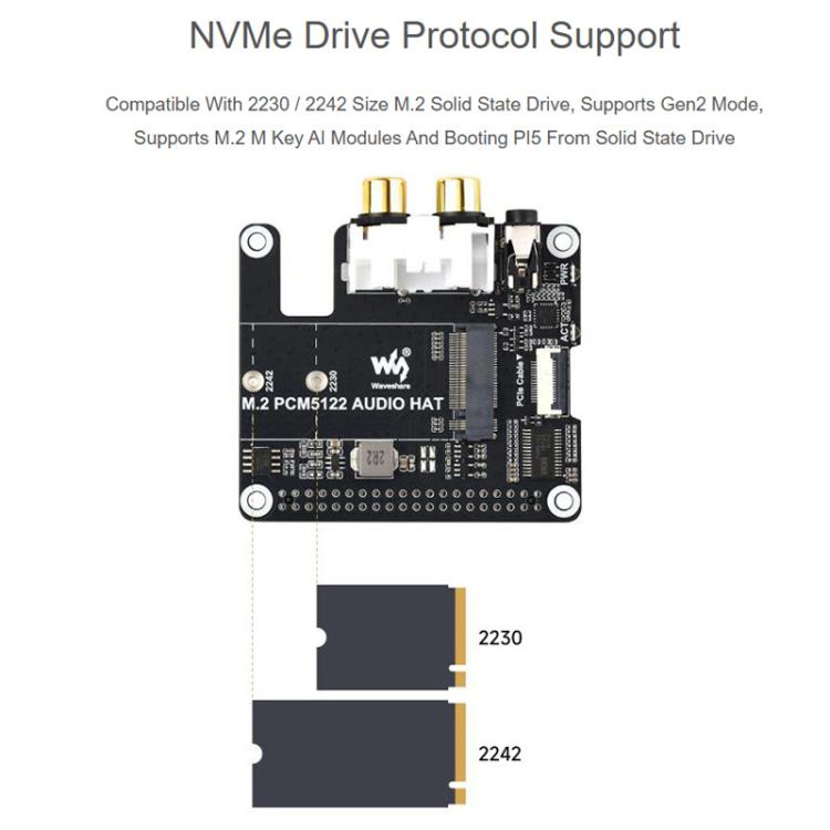 For Raspberry Pi 5 PCIe To M.2 HAT With I2S Audio Extension Supports NVMe Protocol Solid State Drive, Waveshare 34170
