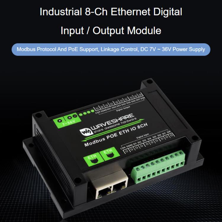 Industrial 8-Ch Ethernet Digital Input / Output Module Modbus RTU / TCP Protocol, Supports PoE Power Supply, 33917