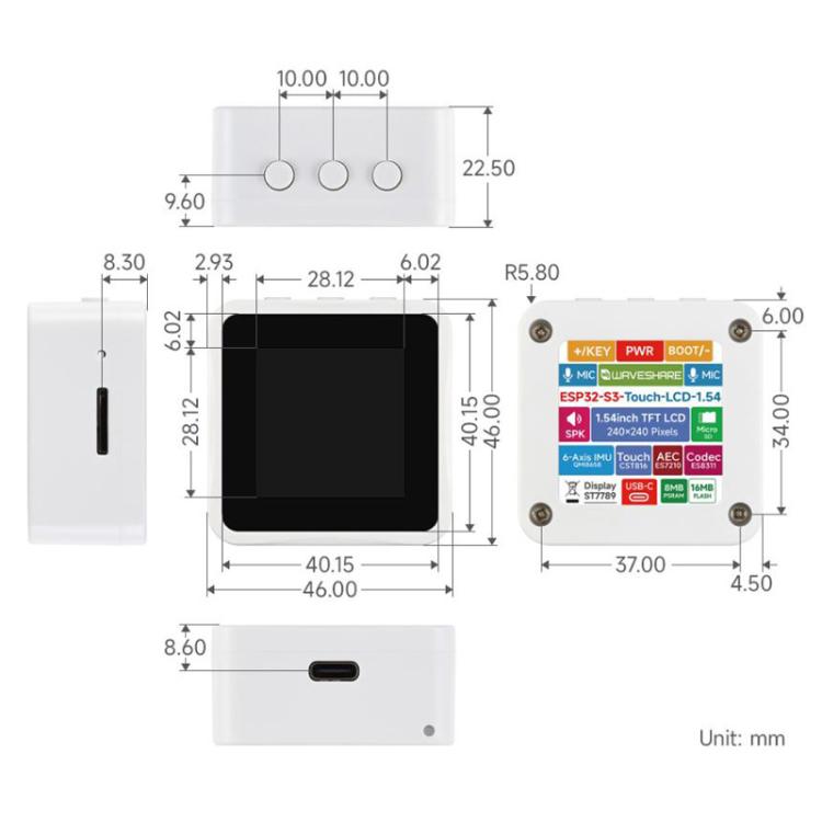 Waveshare 33868 ESP32-S3 1.54 Inch LCD Display Development Board 262K Color, Supports Dual Microphones, 2.4GHz Wi-Fi And BLE 5, 33868