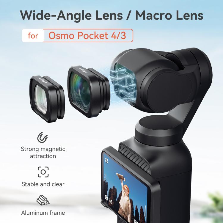 For DJI Osmo Pocket 4/3 Magnetic Optical Glass Lens Filter with Aluminum Alloy Frame, aMagisn Macro Lens 10X, aMagisn Wide Angle Lens 0.72X