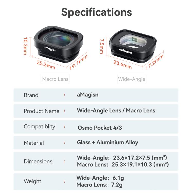 For DJI Osmo Pocket 4/3 Magnetic Optical Glass Lens Filter with Aluminum Alloy Frame, aMagisn Macro Lens 10X, aMagisn Wide Angle Lens 0.72X