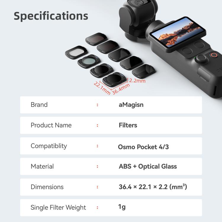 For DJI Osmo Pocket 4 / 3 aMagisn Magnetic Lens Filter, Adjustable CPL, VND  1-5 Stop, VND 6-10 Stop, Black Mist 1/4, ND4/16/64/256, ND1000