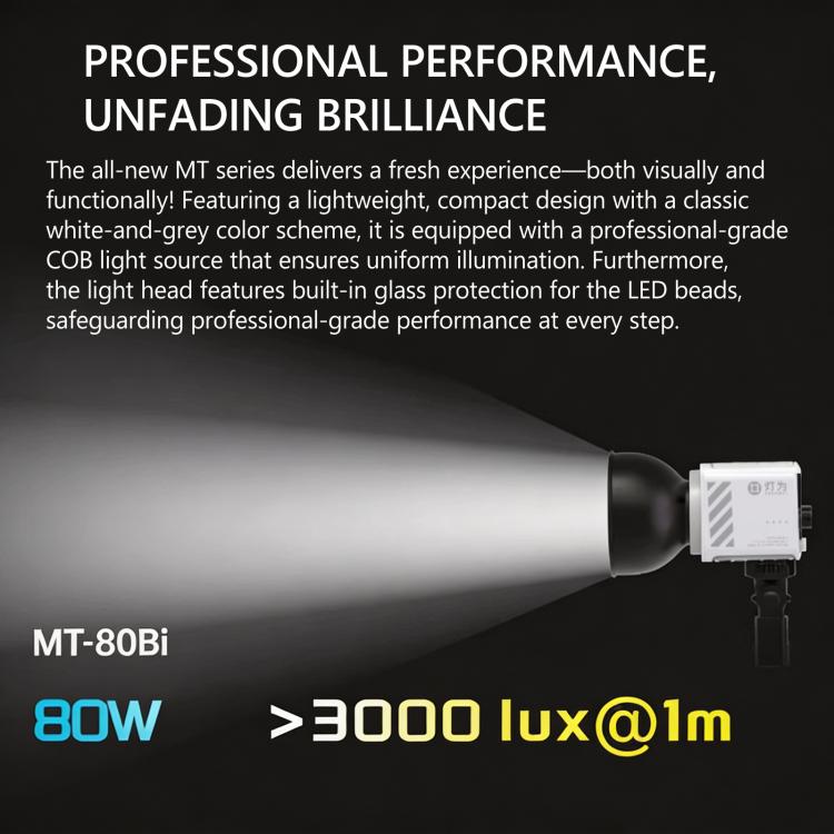 DENGWEI MT-80Bi 80W COB Video Light 2700K-6500K Bi-Color LED Continuous Output Lighting CRI 96+ Studio Light, EU Plug, US Plug, UK Plug
