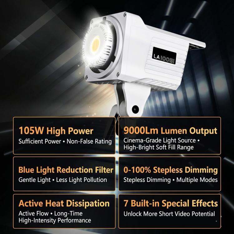 DENGWEI LA100Bi 100W LED Video Light COB Continuous Output Lighting For Live Streaming, 2700K-6500K Bi-Color Studio Light, EU Plug, US Plug, UK Plug