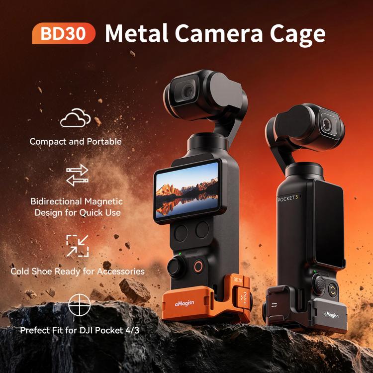 For DJI Osmo Pocket 4 & Pocket 3 aMagisn Metal Camera Cage Multifunctional Expansion Frame with Cold Shoe Mount, Dual-Prong & 1/4-inch Thread, Magnetic Quick Release Adapter Compatible