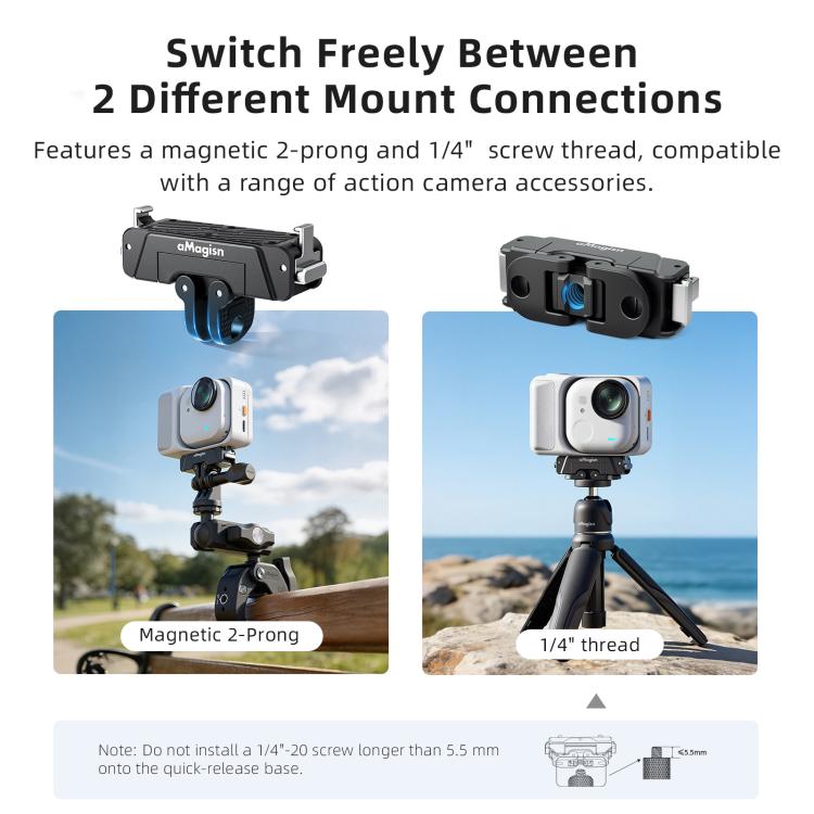 For Insta360 GO Ultra AMagisn 360-Degree Rotatable Metal Magnetic Quick-Release Mount With 1/4-Inch Thread And 2-Prong Base, For Insta360 GO Ultra