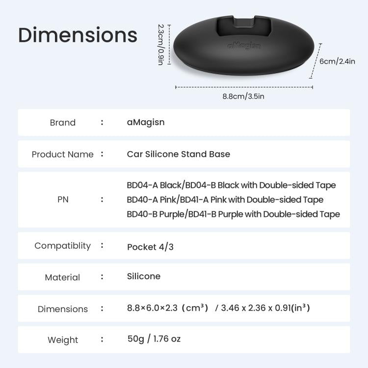 For DJI Osmo Pocket 4 / 3 aMagisn Silicone Desktop Stand Base Non-Slip Dashboard Car Mount with Adhesive
