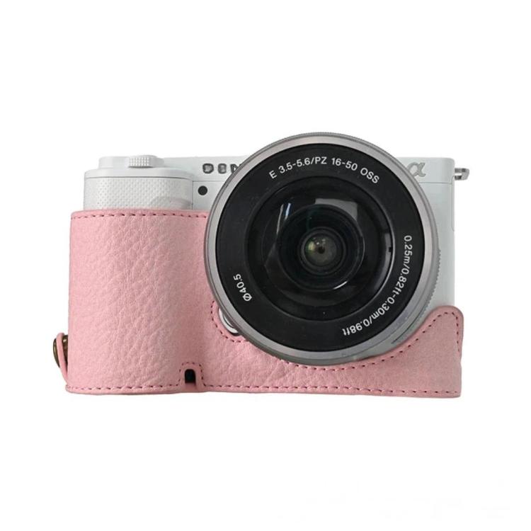 For Sony ZV-E10 Vintage PU Leather Camera Case Bag Retro Lychee Pattern Protective Cover with Shoulder Strap