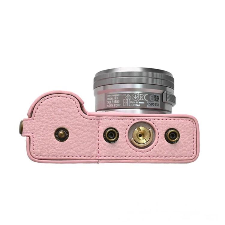 For Sony ZV-E10 Vintage PU Leather Camera Case Bag Retro Lychee Pattern Protective Cover with Shoulder Strap