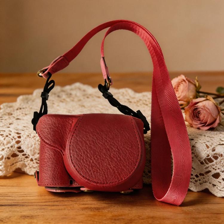 For Sony ZV-E10 Vintage PU Leather Camera Case Bag Retro Lychee Pattern Protective Cover with Shoulder Strap