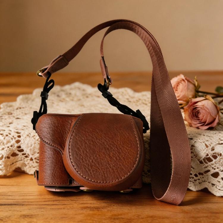For Sony ZV-E10 Vintage PU Leather Camera Case Bag Retro Lychee Pattern Protective Cover with Shoulder Strap