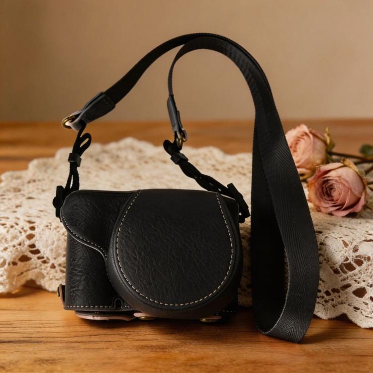 For Sony ZV-E10 Vintage PU Leather Camera Case Bag Retro Lychee Pattern Protective Cover with Shoulder Strap