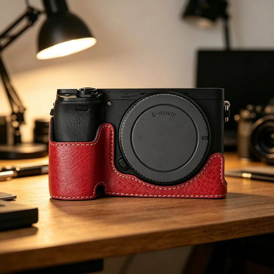 For Sony Alpha 6400 PU Leather Camera Half Case Vintage Litchi Pattern Protective Bottom Base With Magnetic Battery Access