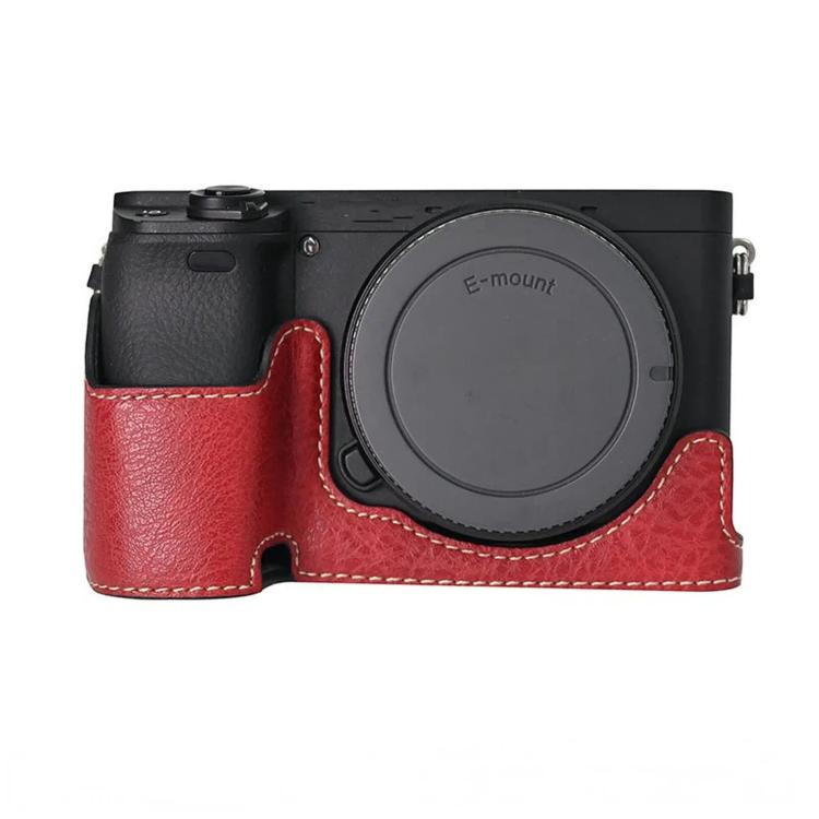 For Sony Alpha 6400 PU Leather Camera Half Case Vintage Litchi Pattern Protective Bottom Base With Magnetic Battery Access