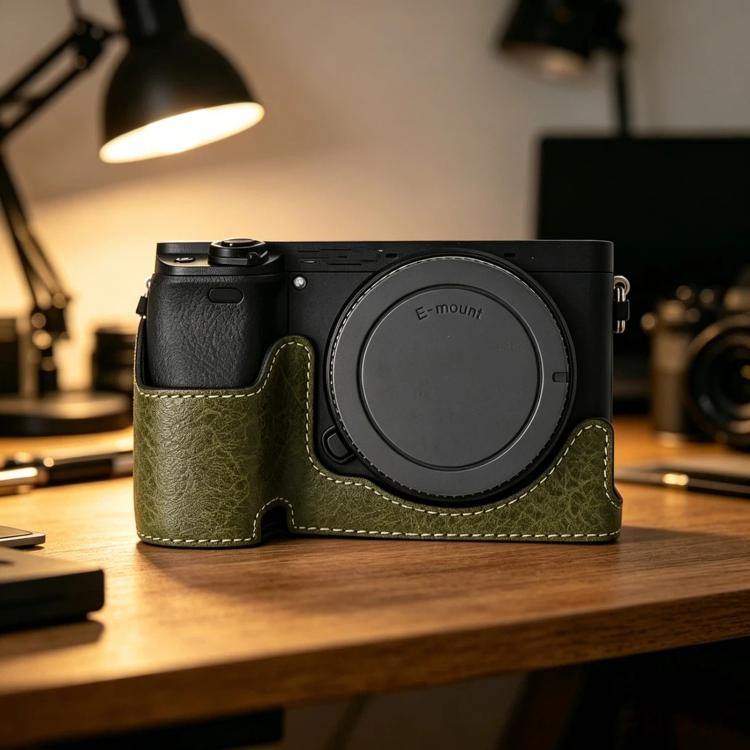 For Sony Alpha 6400 PU Leather Camera Half Case Vintage Litchi Pattern Protective Bottom Base With Magnetic Battery Access