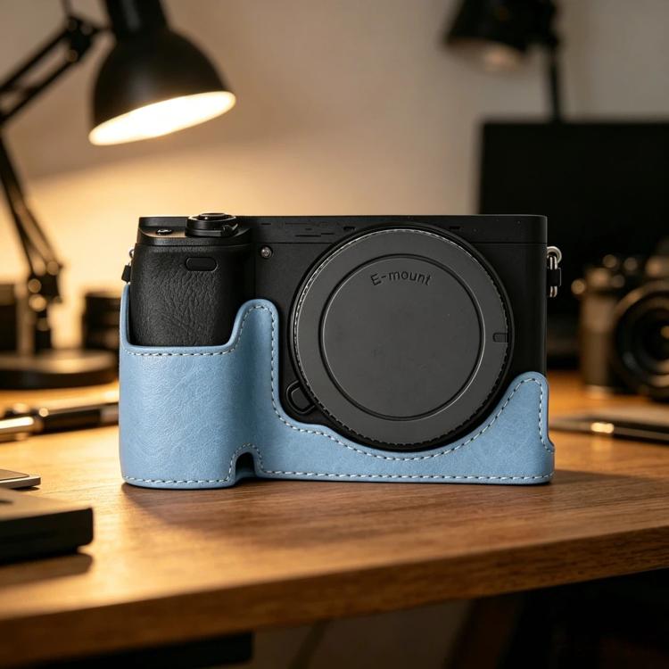 For Sony Alpha 6400 PU Leather Camera Half Case Vintage Litchi Pattern Protective Bottom Base With Magnetic Battery Access
