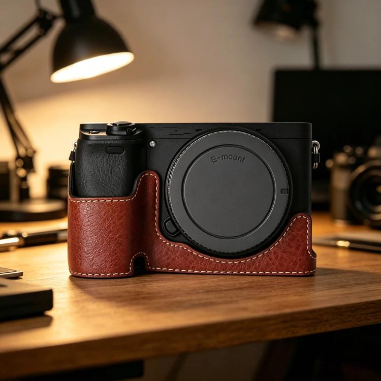 For Sony Alpha 6400 PU Leather Camera Half Case Vintage Litchi Pattern Protective Bottom Base With Magnetic Battery Access