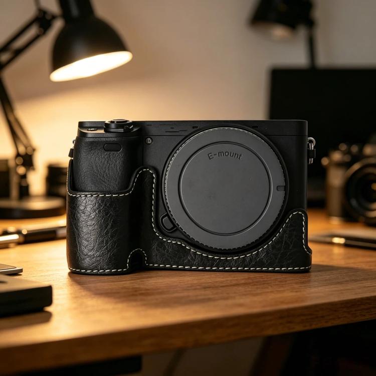 For Sony Alpha 6400 PU Leather Camera Half Case Vintage Litchi Pattern Protective Bottom Base With Magnetic Battery Access