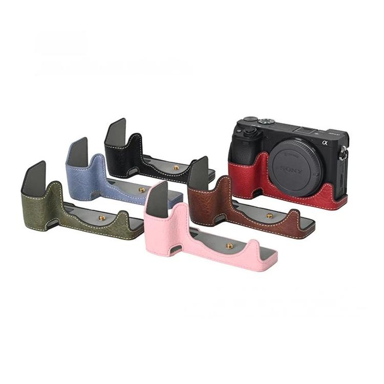 For Sony Alpha 6400 PU Leather Camera Half Case Vintage Litchi Pattern Protective Bottom Base With Magnetic Battery Access