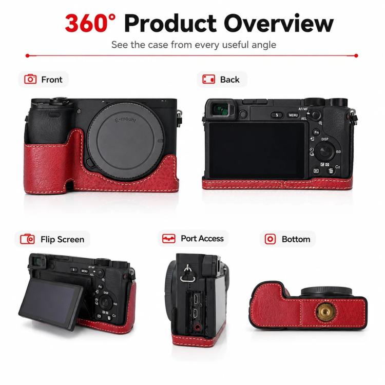 For Sony Alpha 6400 PU Leather Camera Half Case Vintage Litchi Pattern Protective Bottom Base With Magnetic Battery Access