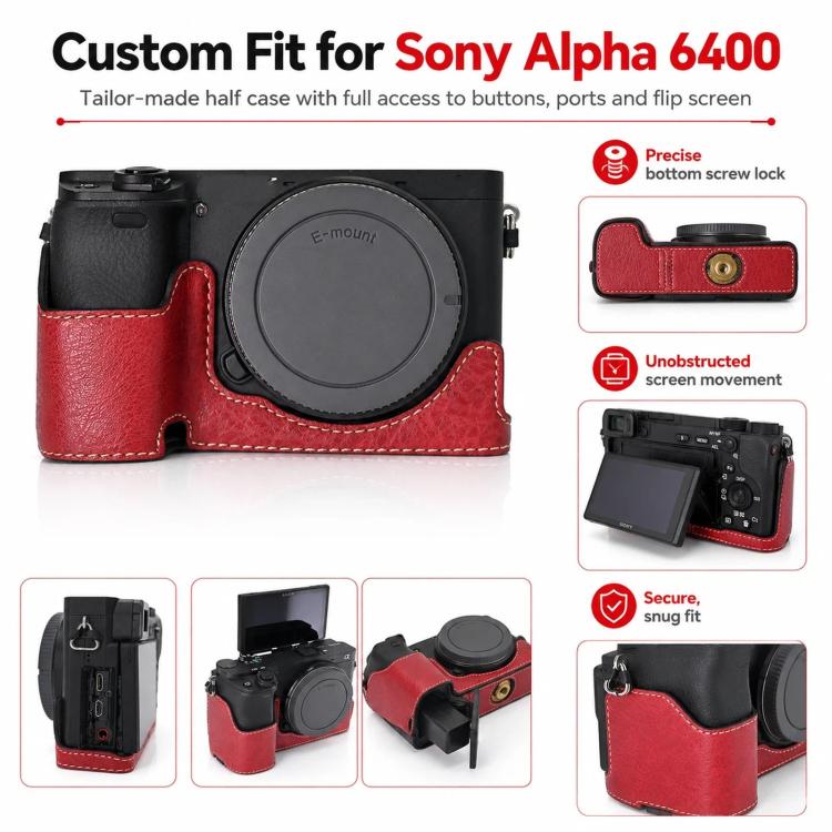 For Sony Alpha 6400 PU Leather Camera Half Case Vintage Litchi Pattern Protective Bottom Base With Magnetic Battery Access
