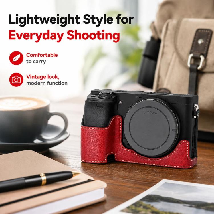 For Sony Alpha 6400 PU Leather Camera Half Case Vintage Litchi Pattern Protective Bottom Base With Magnetic Battery Access