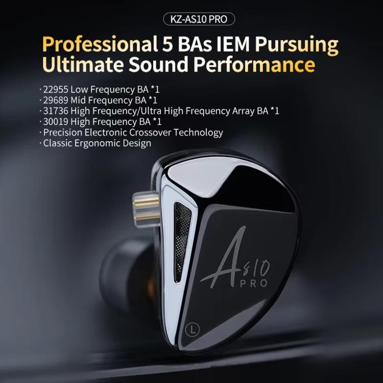 KZ AS10 PRO 10-driver Dynamic Driver In-Ear Hi-Fi Music 1.2m Wired Earphones, Standard, With Mic