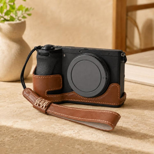 For Sony A6700 / ILCE-6700 PU Leather Half Case Vintage Camera Grip Protective Cover With Hand Wrist Strap