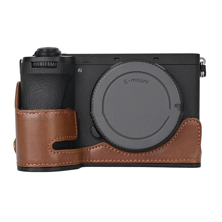 For Sony A6700 / ILCE-6700 PU Leather Half Case Vintage Camera Grip Protective Cover With Hand Wrist Strap