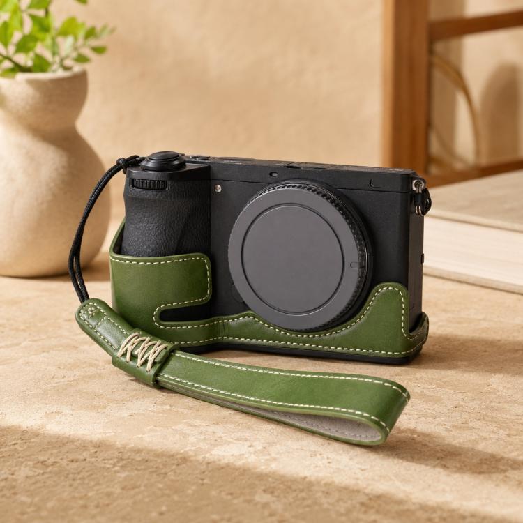 For Sony A6700 / ILCE-6700 PU Leather Half Case Vintage Camera Grip Protective Cover With Hand Wrist Strap