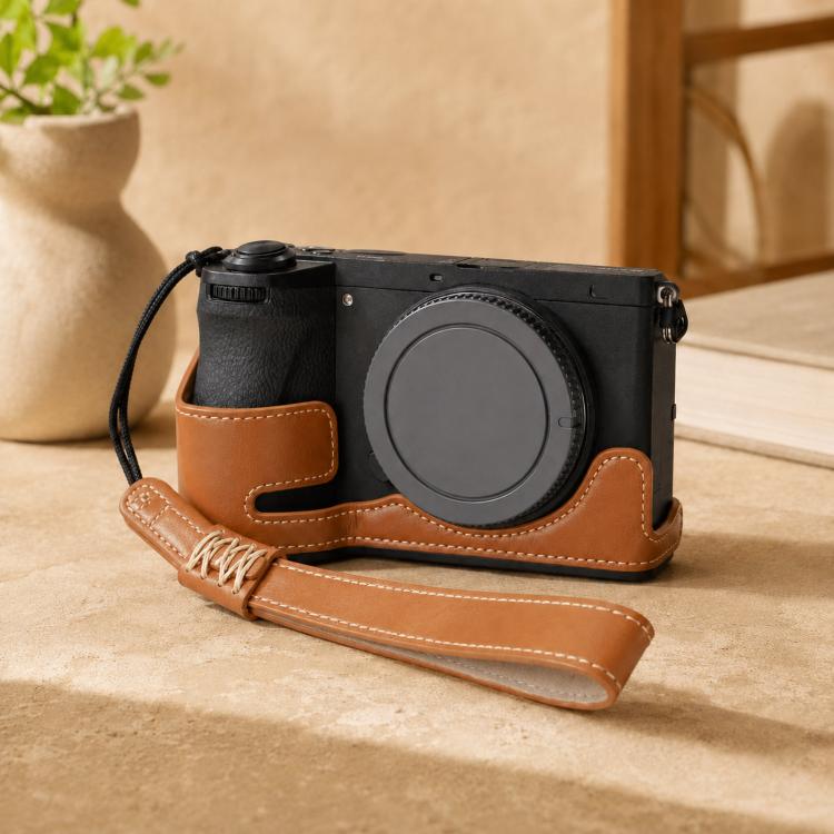 For Sony A6700 / ILCE-6700 PU Leather Half Case Vintage Camera Grip Protective Cover With Hand Wrist Strap